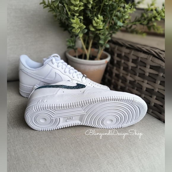 Bling Womens Nike Air Force 1 White Sneakers Shoes made with Blue Crystals - Picture 6 of 7